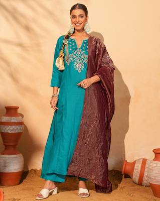 Women's Gorgeous Embroidery Work Silk Slub Fabric Flared Kurta Pant and Dupatta Set 5