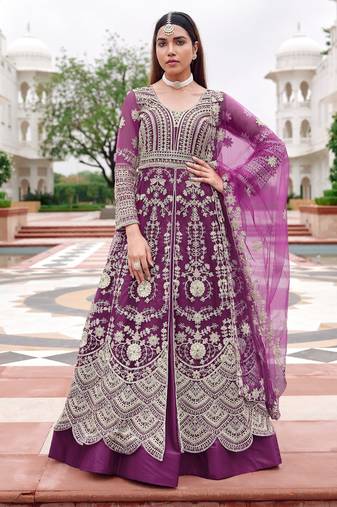 Purple heavy net long anarkali suit semi stitched collection