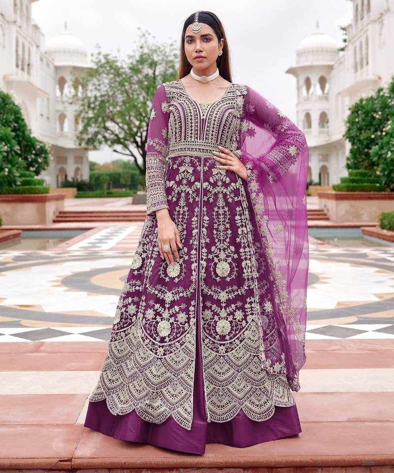 Purple heavy net long anarkali suit semi stitched collection