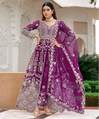 Purple heavy net long anarkali suit semi stitched collection 2