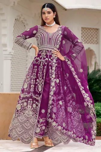 Purple heavy net long anarkali suit semi stitched collection