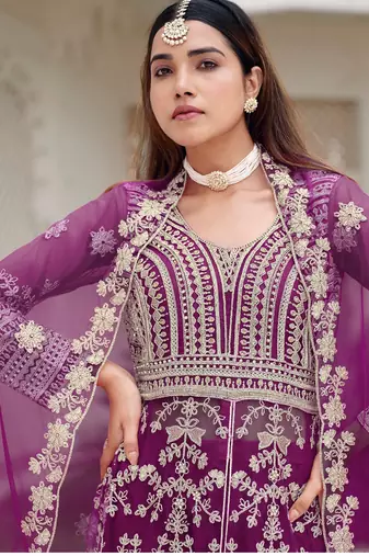 Purple heavy net long anarkali suit semi stitched collection