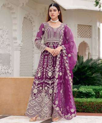 Purple heavy net long anarkali suit semi stitched collection 4