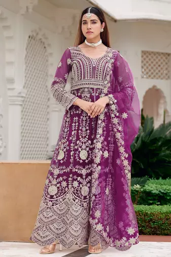 Purple heavy net long anarkali suit semi stitched collection
