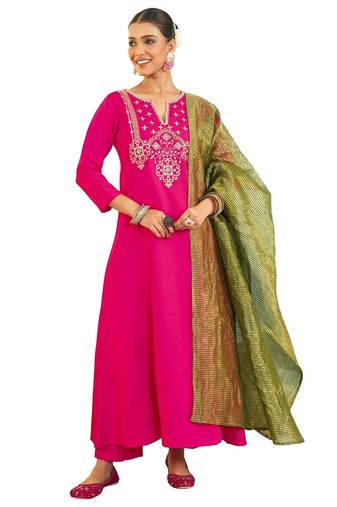 Women's Gorgeous Embroidery Work Silk Slub Fabric Flared Kurta Pant and Dupatta Set