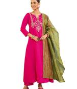 Women's Gorgeous Embroidery Work Silk Slub Fabric Flared Kurta Pant and Dupatta Set