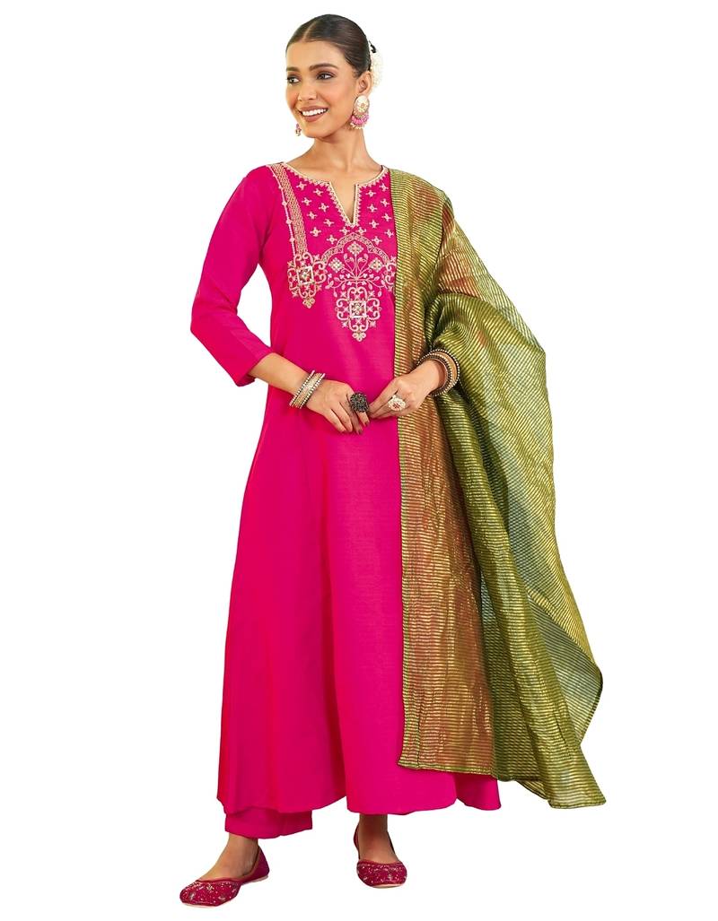 Women's Gorgeous Embroidery Work Silk Slub Fabric Flared Kurta Pant and Dupatta Set