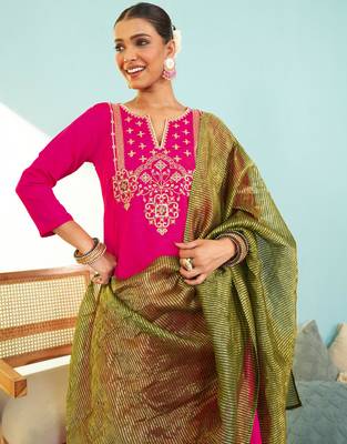 Women's Gorgeous Embroidery Work Silk Slub Fabric Flared Kurta Pant and Dupatta Set 2