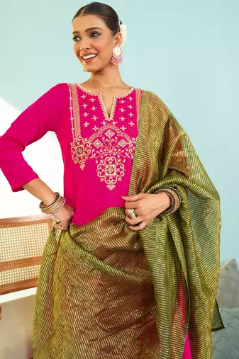 Women's Gorgeous Embroidery Work Silk Slub Fabric Flared Kurta Pant and Dupatta Set