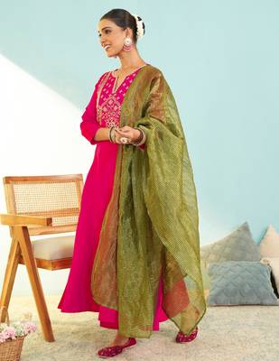 Women's Gorgeous Embroidery Work Silk Slub Fabric Flared Kurta Pant and Dupatta Set 3