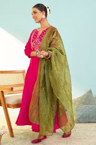Women's Gorgeous Embroidery Work Silk Slub Fabric Flared Kurta Pant and Dupatta Set