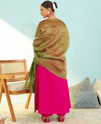 Women's Gorgeous Embroidery Work Silk Slub Fabric Flared Kurta Pant and Dupatta Set 4