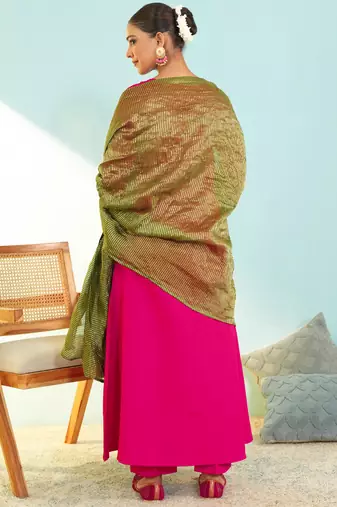 Women's Gorgeous Embroidery Work Silk Slub Fabric Flared Kurta Pant and Dupatta Set