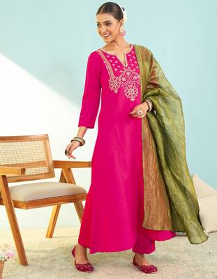Women's Gorgeous Embroidery Work Silk Slub Fabric Flared Kurta Pant and Dupatta Set 5