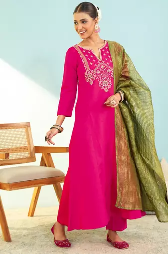Women's Gorgeous Embroidery Work Silk Slub Fabric Flared Kurta Pant and Dupatta Set