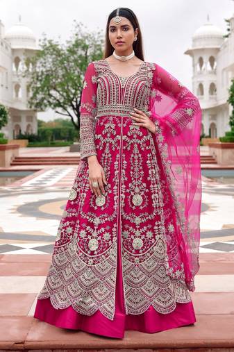 Pink heavy net long anarkali suit semi stitched collection