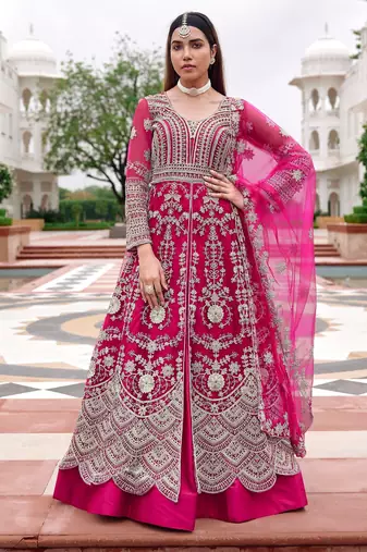 Pink heavy net long anarkali suit semi stitched collection