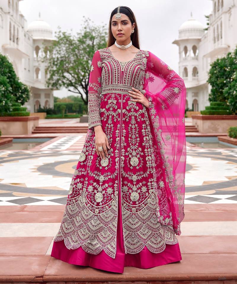 Pink heavy net long anarkali suit semi stitched collection