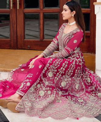 Pink heavy net long anarkali suit semi stitched  2