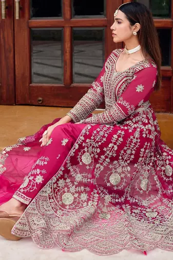 Pink heavy net long anarkali suit semi stitched collection