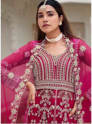Pink heavy net long anarkali suit semi stitched  3