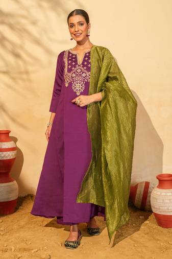 Women's Gorgeous Embroidery Work Silk Slub Fabric Flared Kurta Pant and Dupatta Set