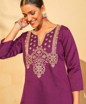 Women's Gorgeous Embroidery Work Silk Slub Fabric Flared Kurta Pant and Dupatta Set 2
