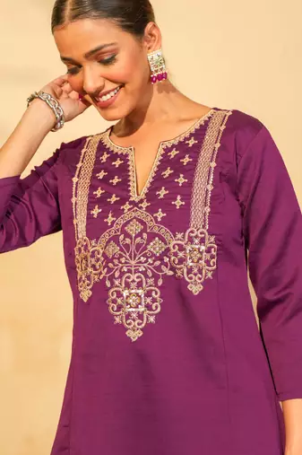 Women's Gorgeous Embroidery Work Silk Slub Fabric Flared Kurta Pant and Dupatta Set