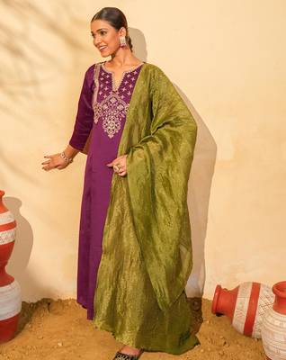 Women's Gorgeous Embroidery Work Silk Slub Fabric Flared Kurta Pant and Dupatta Set 3