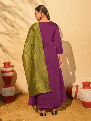 Women's Gorgeous Embroidery Work Silk Slub Fabric Flared Kurta Pant and Dupatta Set 4