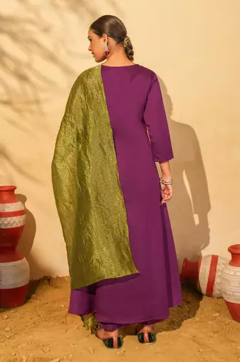 Women's Gorgeous Embroidery Work Silk Slub Fabric Flared Kurta Pant and Dupatta Set