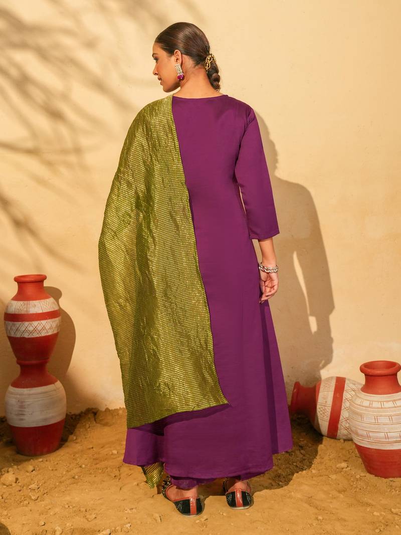Women's Gorgeous Embroidery Work Silk Slub Fabric Flared Kurta Pant and Dupatta Set