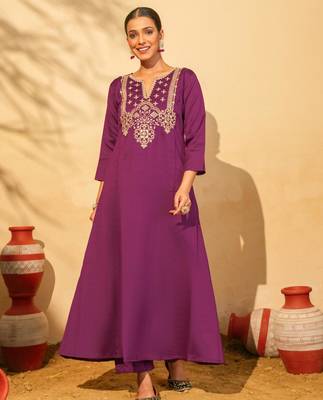 Women's Gorgeous Embroidery Work Silk Slub Fabric Flared Kurta Pant and Dupatta Set 5