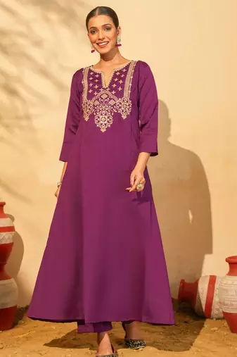 Women's Gorgeous Embroidery Work Silk Slub Fabric Flared Kurta Pant and Dupatta Set