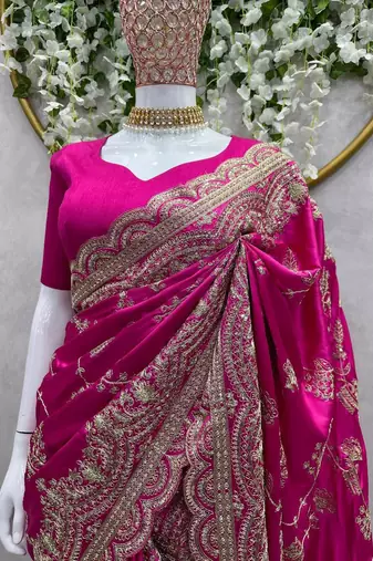 Pink Color Embroidery And Sequence Work Silk Blend Saree