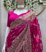 Pink Color Embroidery And Sequence Work Silk Blend Saree