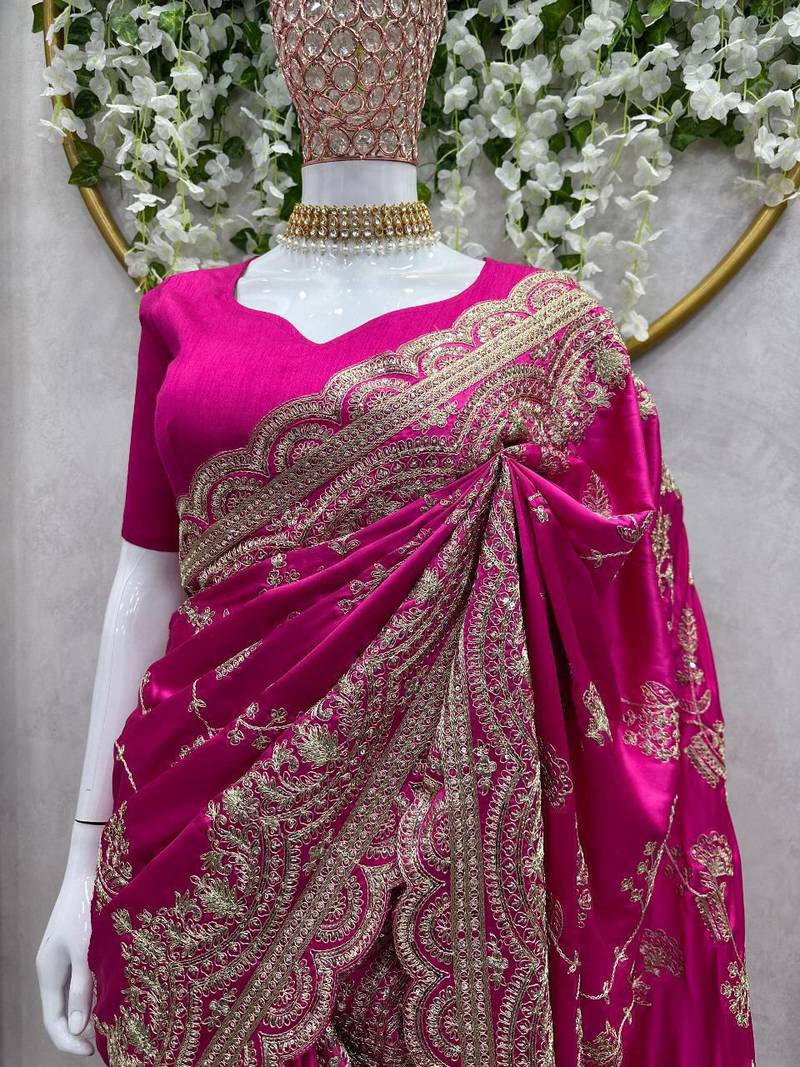 Pink Color Embroidery And Sequence Work Silk Blend Saree