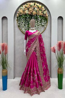 Pink Color Embroidery And Sequence Work Silk Blend Saree 2