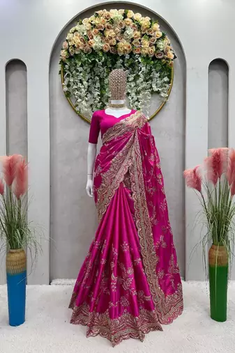 Pink Color Embroidery And Sequence Work Silk Blend Saree