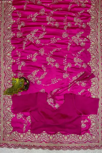 Pink Color Embroidery And Sequence Work Silk Blend Saree