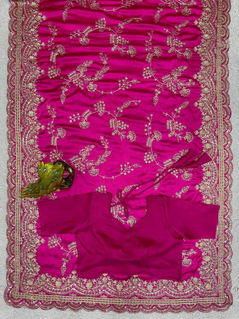 Pink Color Embroidery And Sequence Work Silk Blend Saree