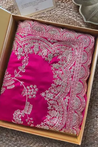 Pink Color Embroidery And Sequence Work Silk Blend Saree