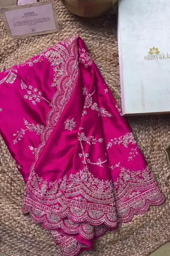 Pink Color Embroidery And Sequence Work Silk Blend Saree