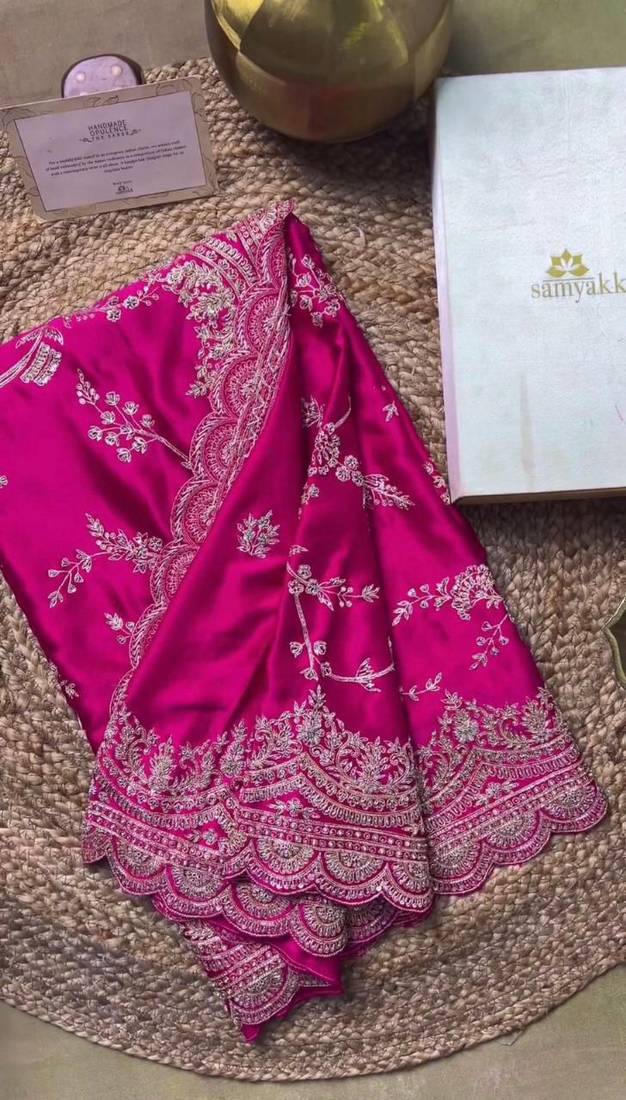 Pink Color Embroidery And Sequence Work Silk Blend Saree