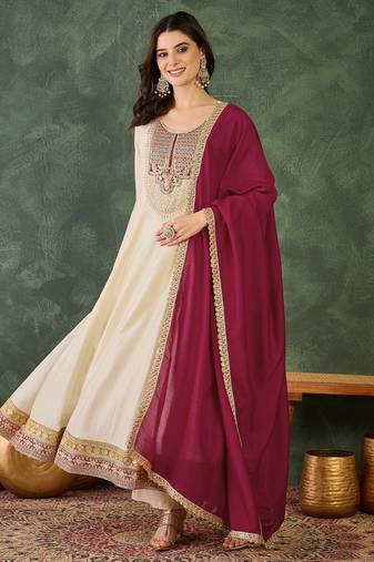 Women's Beautiful Embroidery Work Vichitra Silk Fabric Flared Anarkali Pant and Dupatta Set