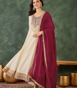 Women's Beautiful Embroidery Work Vichitra Silk Fabric Flared Anarkali Pant and Dupatta Set