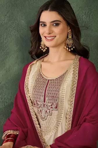 Women's Beautiful Embroidery Work Vichitra Silk Fabric Flared Anarkali Pant and Dupatta Set