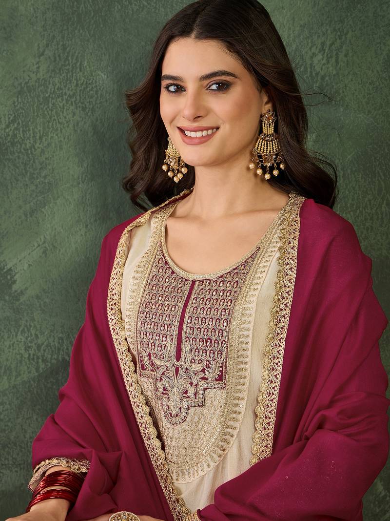 Women's Beautiful Embroidery Work Vichitra Silk Fabric Flared Anarkali Pant and Dupatta Set