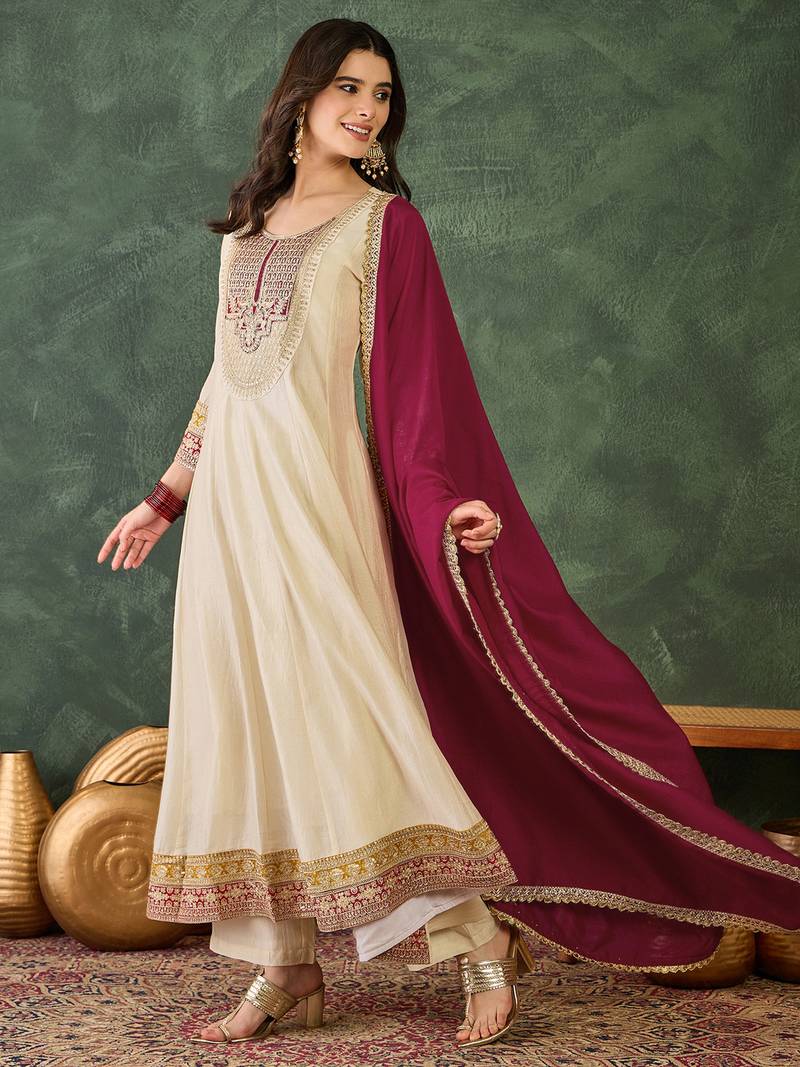 Women's Beautiful Embroidery Work Vichitra Silk Fabric Flared Anarkali Pant and Dupatta Set