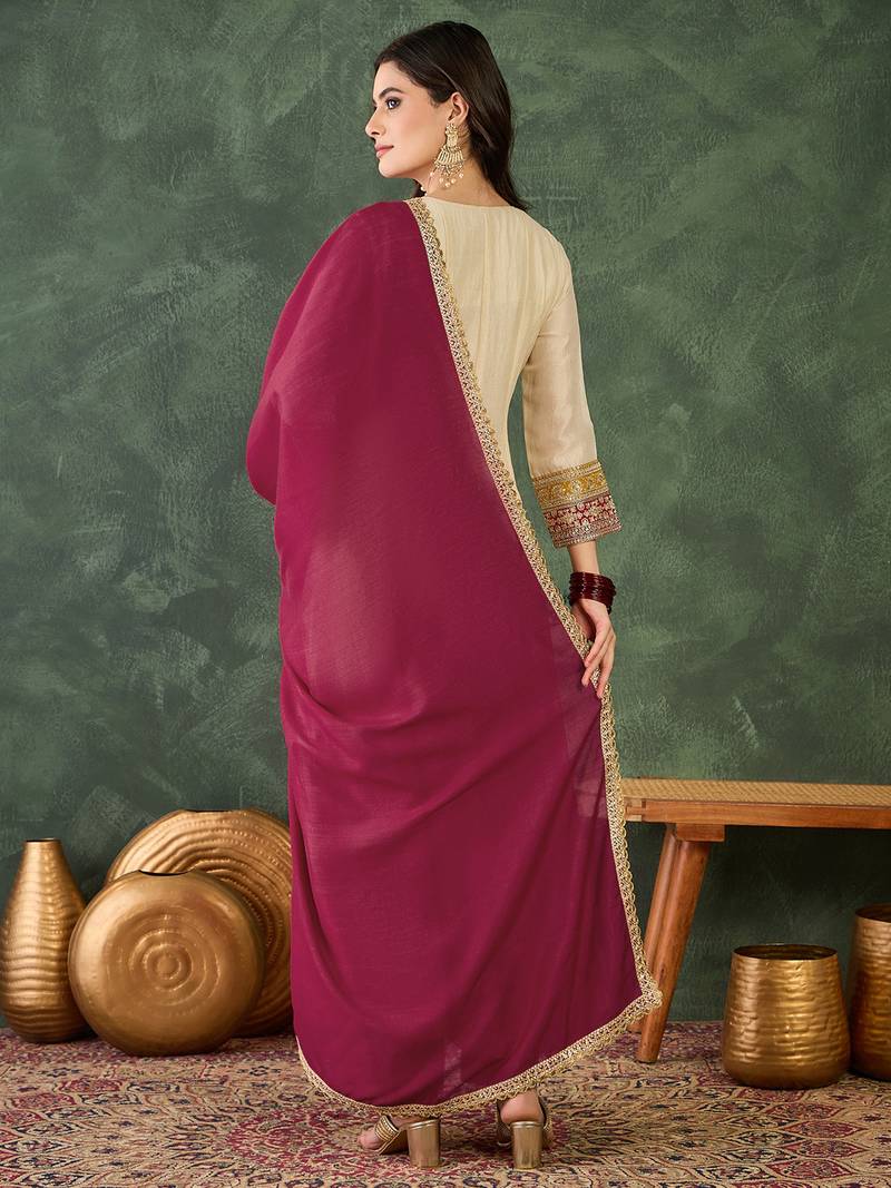 Women's Beautiful Embroidery Work Vichitra Silk Fabric Flared Anarkali Pant and Dupatta Set